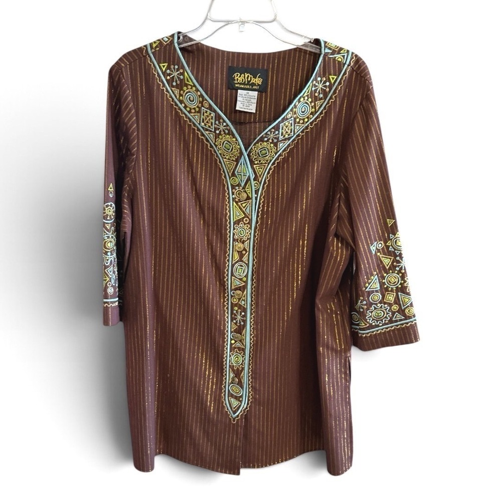 Bob Mackie Wearable Art Tunic Women 1X Brown Gold Metallic Embroidered Boho Top